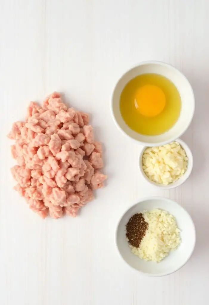 A flat lay of ingredients for chicken pizza crust: ground chicken, egg, Parmesan cheese, and Italian seasoning.
