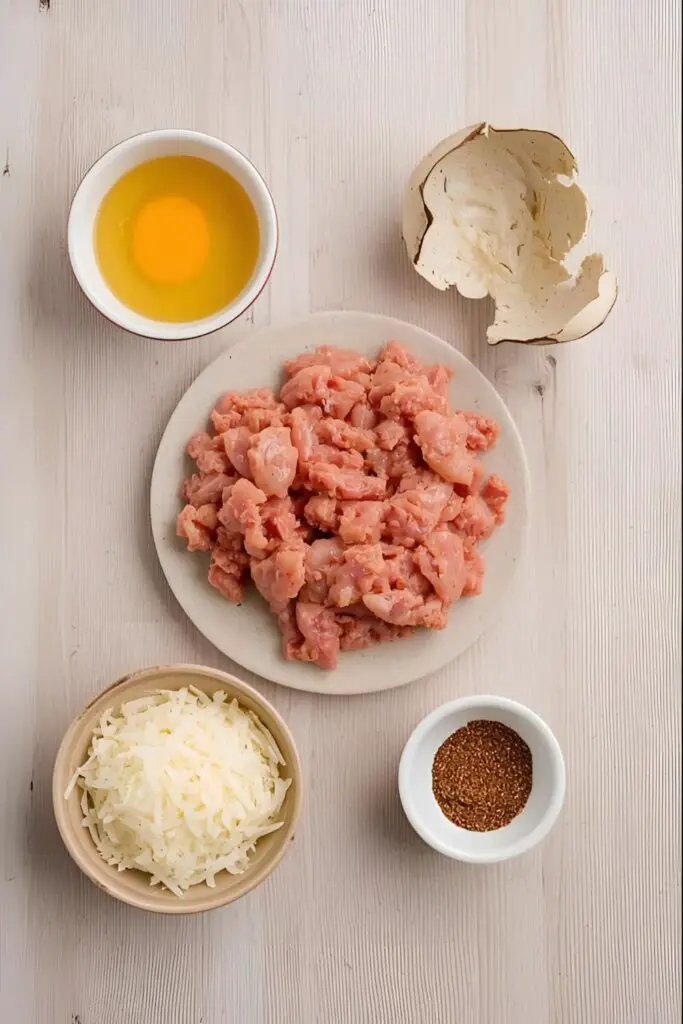 A flat lay of ingredients for chicken pizza crust: ground chicken, egg, Parmesan cheese, and Italian seasoning.