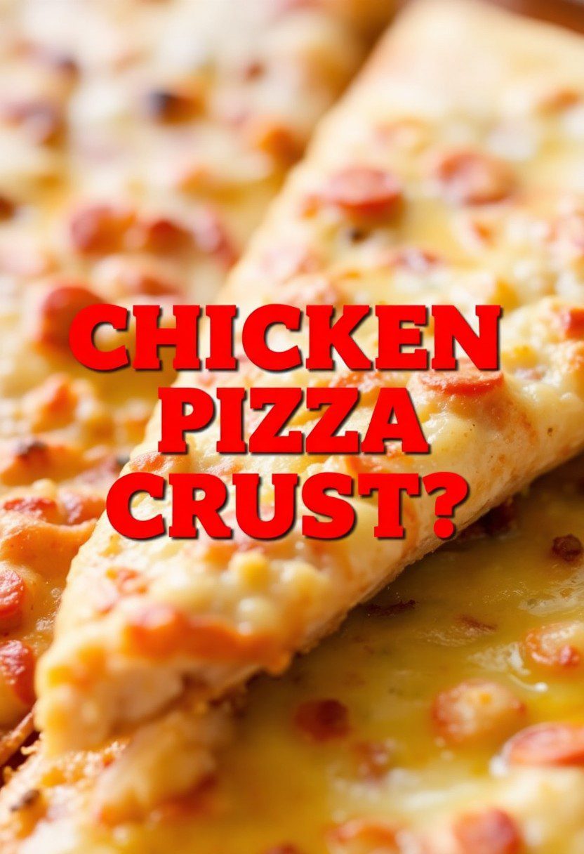 A slice of chicken pizza with visible chicken crust texture and the text overlay "Chicken Pizza Crust."