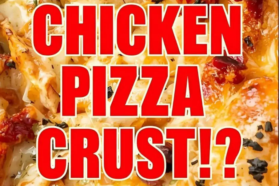 A slice of chicken pizza with visible chicken crust texture and the text overlay "Chicken Pizza Crust."