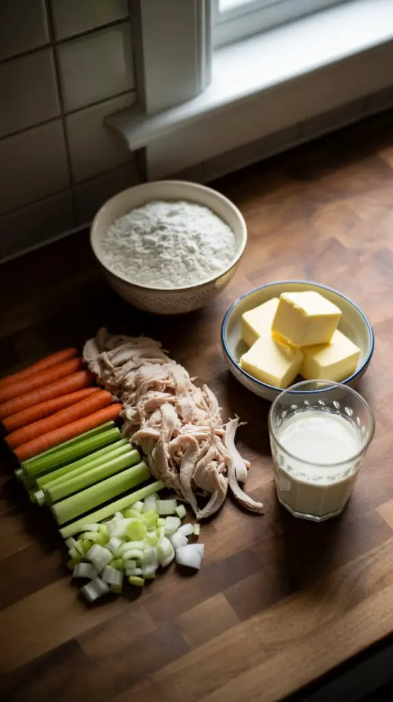 The ingredients for cooking and baking a chicken pot pie, separated to show the filling and biscuit topping components.