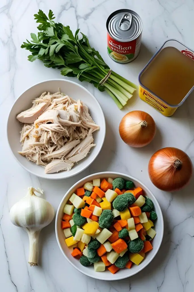 Ingredients for chicken pot pie casserole, including chicken, biscuits, and vegetables, arranged in a flat lay.