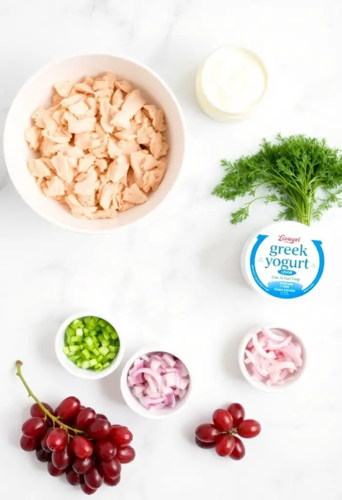 A flat lay of the fresh ingredients used to make a chicken salad sandwich, including shredded chicken, celery, grapes, and dill.
