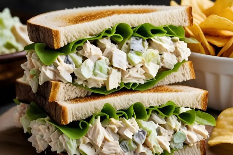 A delicious-looking chicken salad sandwich cut in half, with the text overlay "The Ultimate Chicken Salad Sandwich."