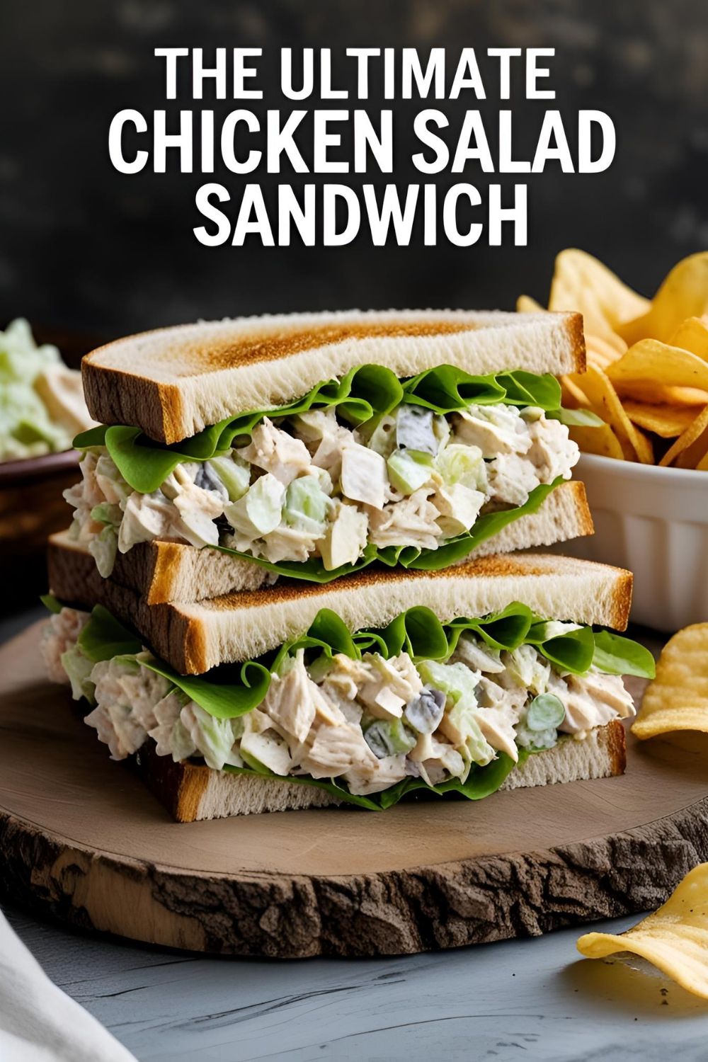 A delicious-looking chicken salad sandwich cut in half, with the text overlay "The Ultimate Chicken Salad Sandwich."