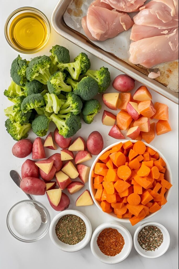 A flat lay of ingredients for a chicken sheet pan dinner, including chicken, potatoes, broccoli, and spices.