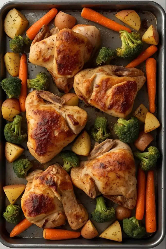 A close-up of a plated serving of chicken sheet pan dinner, showing the roasted chicken and vegetables, next to the full sheet pan.