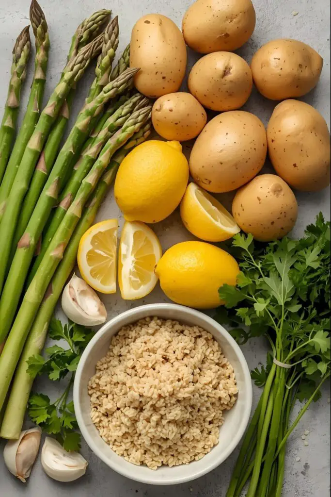 A collage of fresh ingredients for various chicken side dishes: asparagus, potatoes, quinoa, lemons, and fresh herbs.