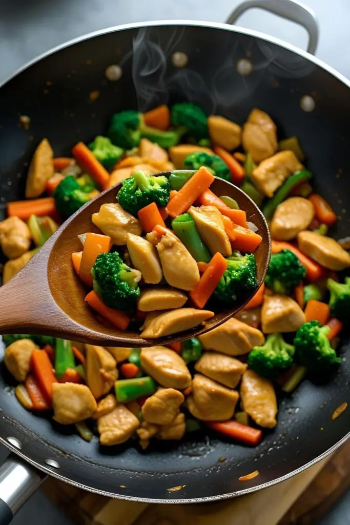 A wok filled with freshly cooked chicken stir fry, with a serving spoon lifting a portion of the stir fry.