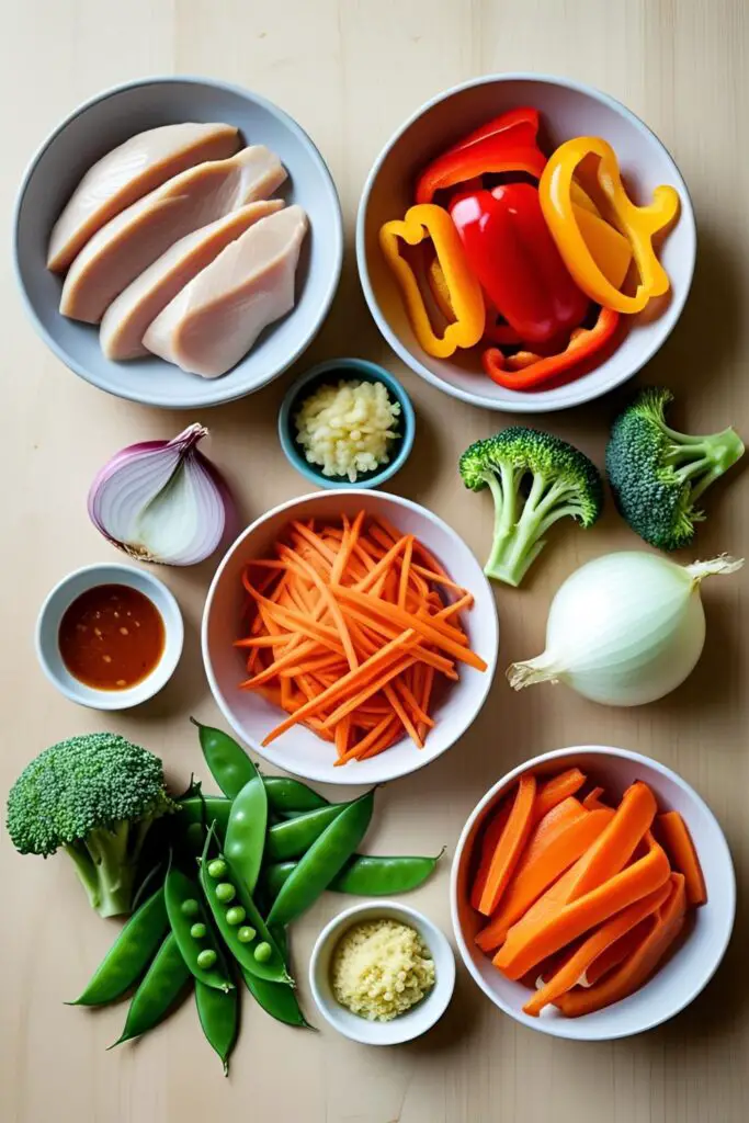 A flat lay of fresh ingredients for chicken stir fry, including sliced chicken, colorful vegetables, and sauce components.