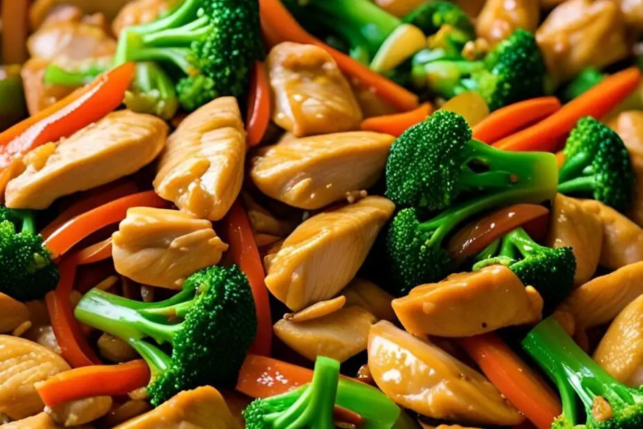 A vibrant chicken stir fry in a wok with a text overlay reading "Quick & Easy Chicken Stir Fry."