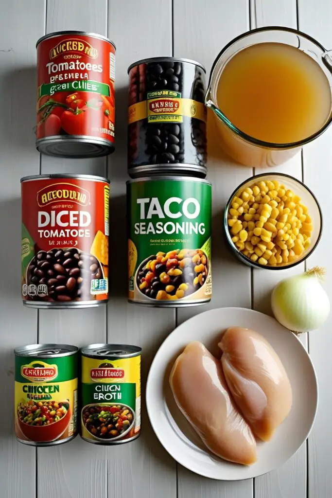 A flat lay of the essential ingredients for making chicken taco soup, including canned goods, spices, chicken, and vegetables.