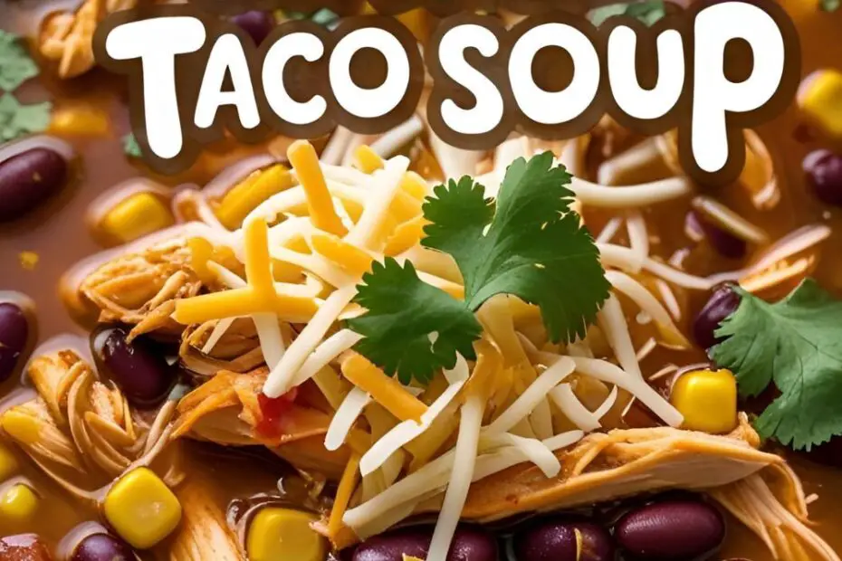 A delicious bowl of easy chicken taco soup with colorful ingredients and the text overlay "Easy Chicken Taco Soup."