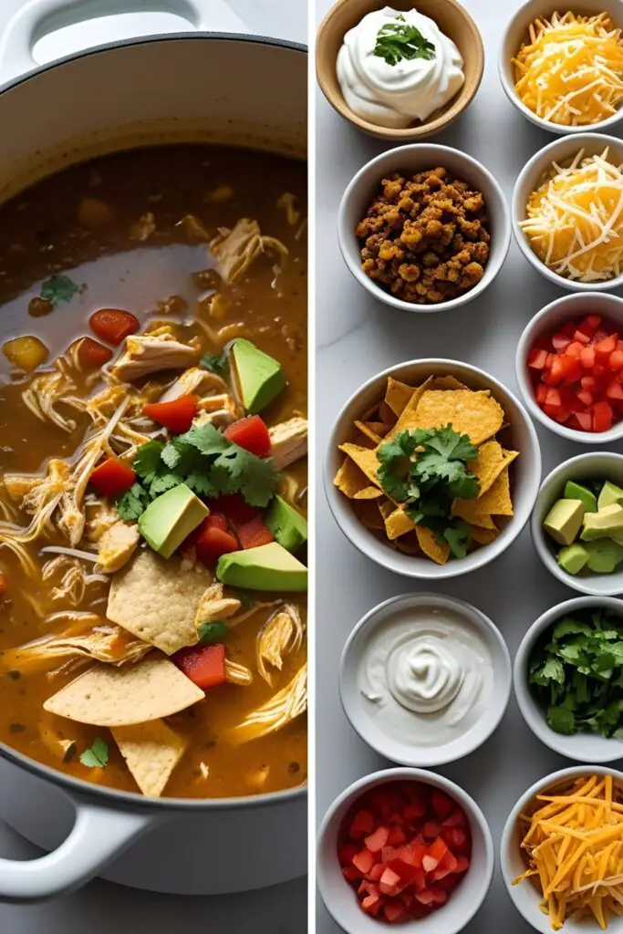 A two-panel image showing a pot of homemade chicken taco soup and a selection of delicious toppings ready to be added.