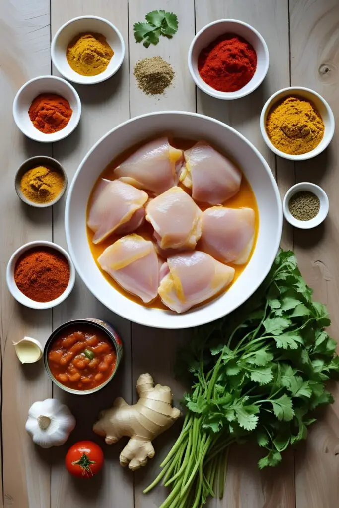 A flat lay of the fresh ingredients used to make chicken tikka masala, including chicken, yogurt, spices, and tomatoes.