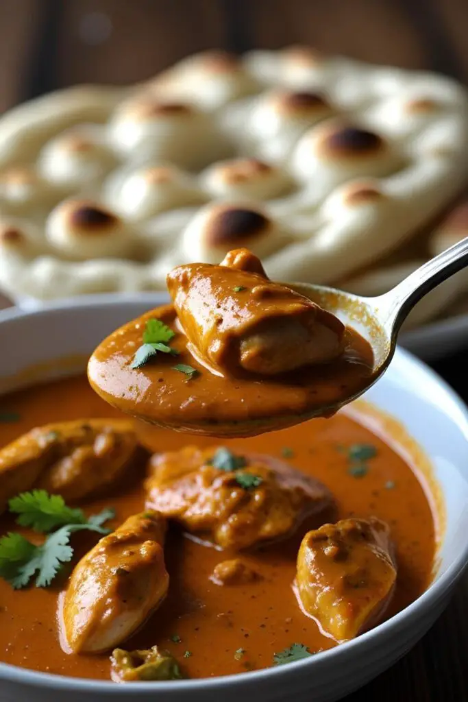 A close-up macro photo of a spoonful of creamy chicken tikka masala, highlighting the rich texture of the sauce.