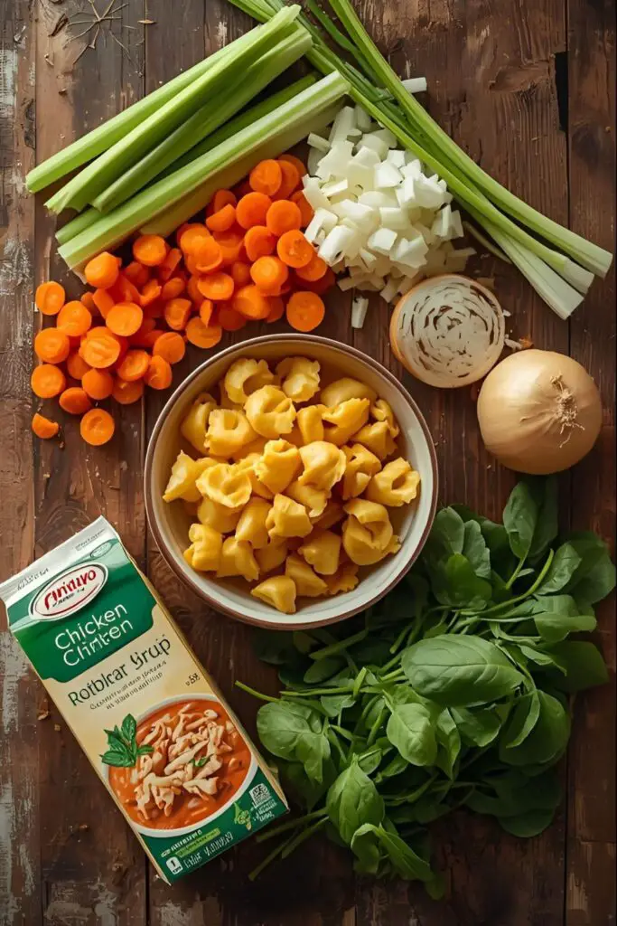  A rustic flat lay of ingredients for chicken tortellini soup, including mirepoix, tortellini, chicken, and spinach.