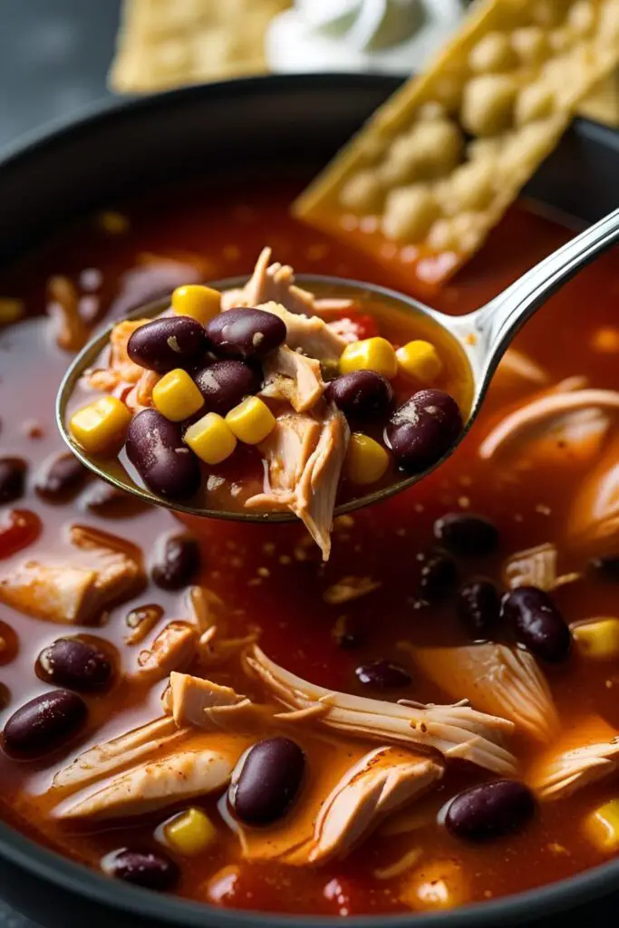 A beautiful bowl of chicken tortilla soup loaded with toppings like avocado slices, cheese, cilantro, and crispy tortilla strips.
