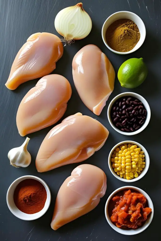 A flat lay of fresh ingredients for chicken tortilla soup: chicken breasts, onion, garlic, spices, canned tomatoes, beans, corn, and a lime.