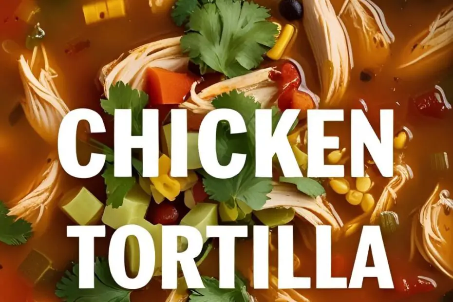 A vibrant bowl of chicken tortilla soup topped with avocado and tortilla strips, with text overlay reading "Easiest Chicken Tortilla Soup."