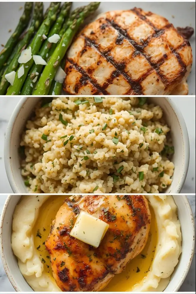 Three images showcasing chicken paired with roasted asparagus, lemon herb quinoa, and creamy mashed potatoes.