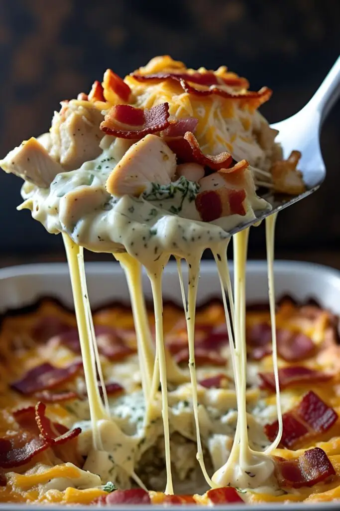 A close-up shot of a cheesy, creamy scoop of chicken bacon ranch casserole being lifted from a dish, with visible strings of melted cheese.