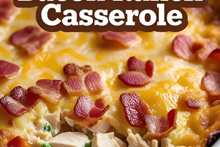 A promotional image with the text "Ultimate Chicken Bacon Ranch Casserole" over a delicious, golden-brown and bubbly casserole in a white baking dish.