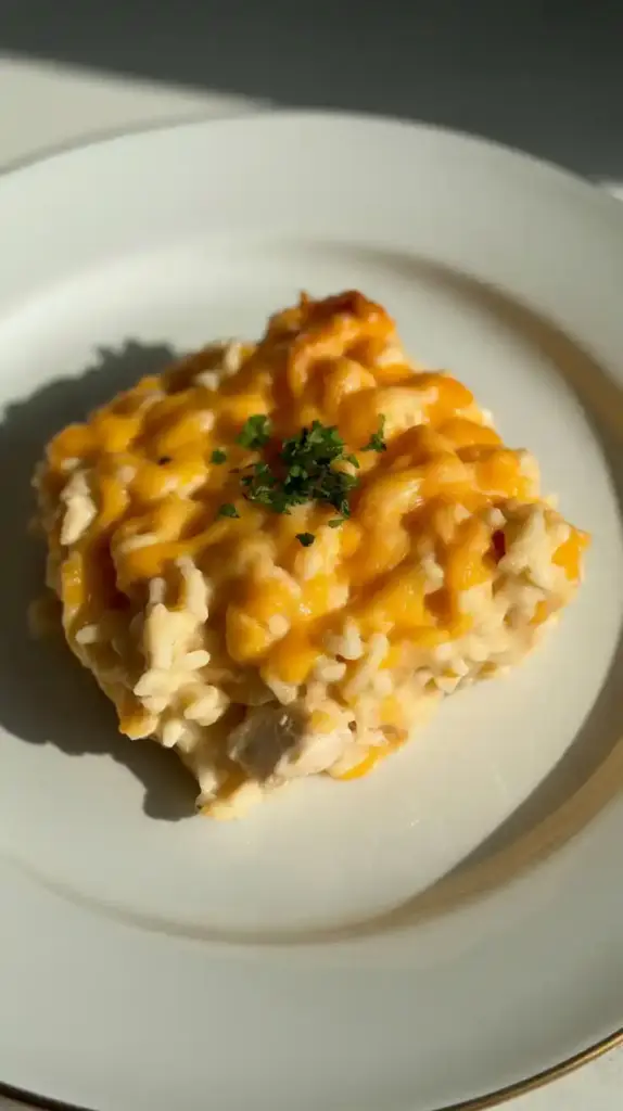 A golden baked chicken and rice casserole 