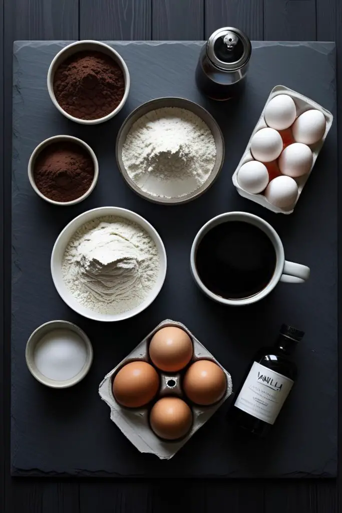 A flat lay of ingredients for homemade chocolate cake: cocoa, flour, sugar, and eggs.