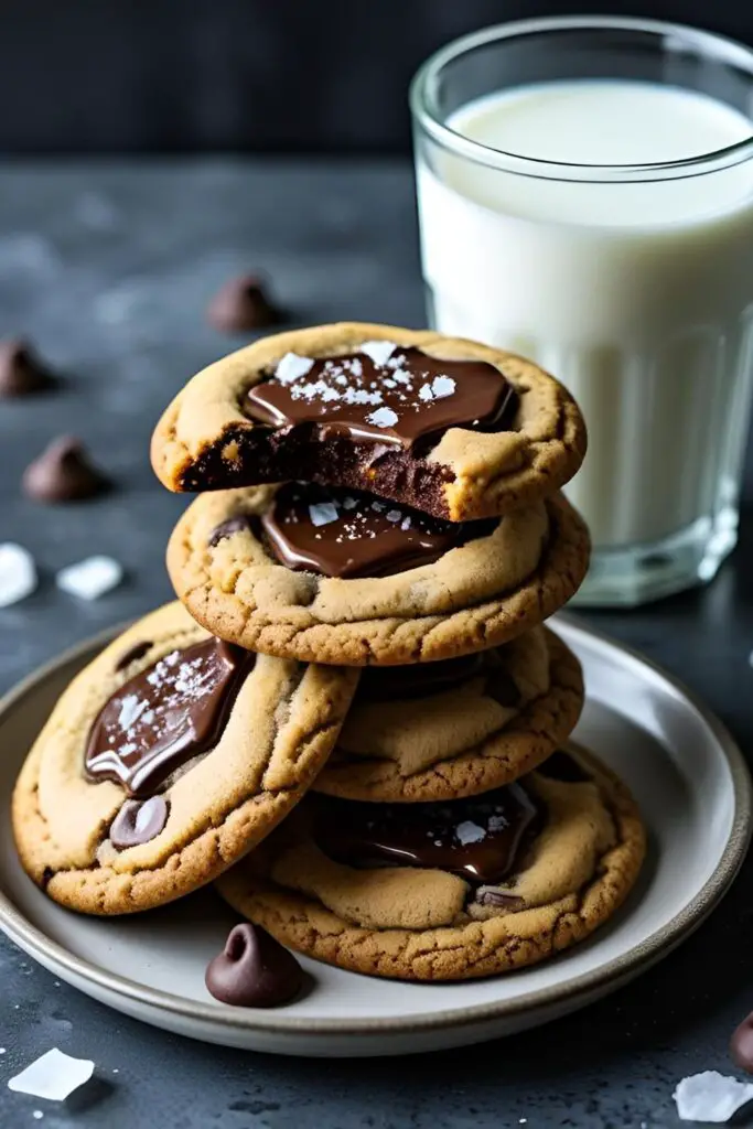 An extreme close-up shot of a chocolate chip cookie being broken in half, showing the gooey, melted chocolate stretching between the two pieces.