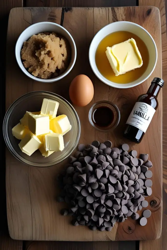 A cozy, warm-toned flat-lay of ingredients for chocolate chip cookies, including brown sugar, butter, eggs, and a mix of chocolate chips and chunks.