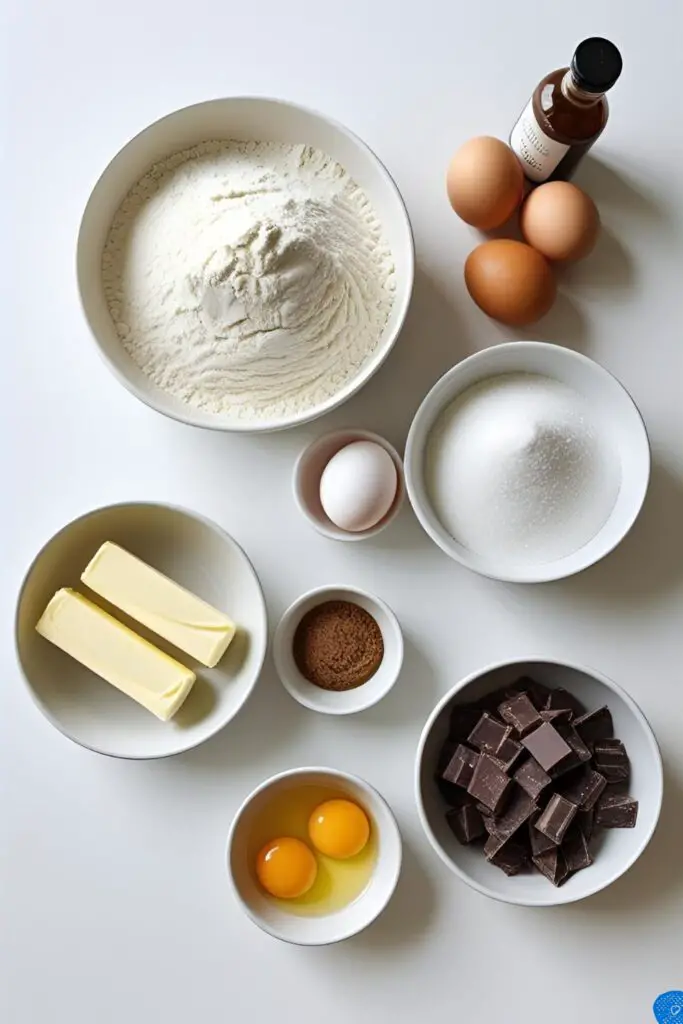 Ingredients for making chocolate chip cookies from scratch, including flour, butter, sugar, eggs, and chocolate, arranged in a flat lay.