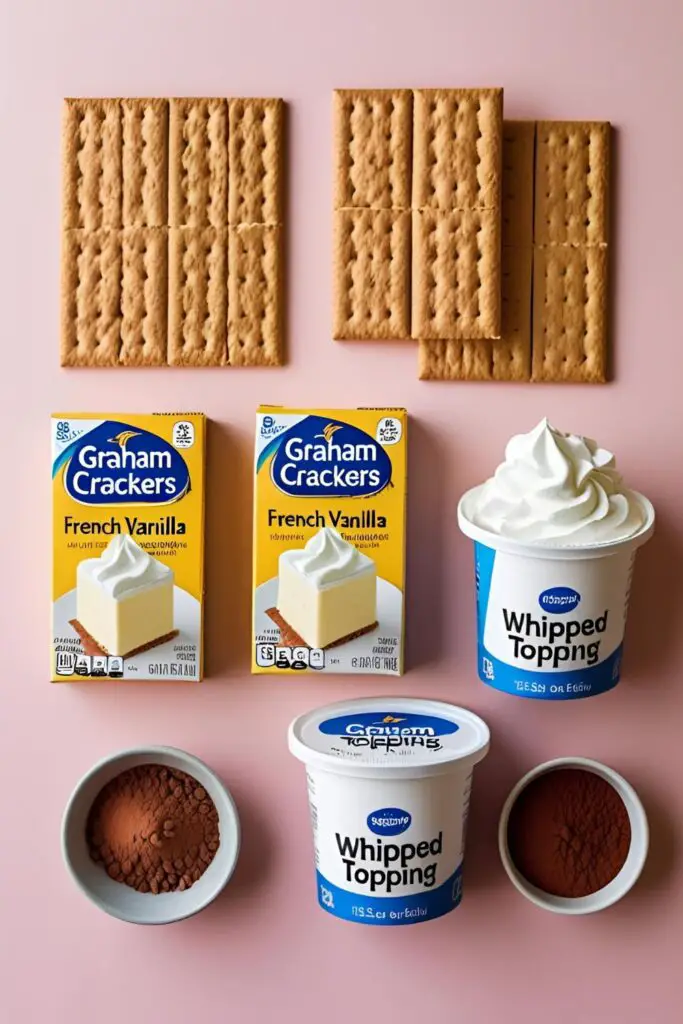 A flat lay of the key ingredients for a no-bake chocolate eclair cake: graham crackers, vanilla pudding, and whipped topping.