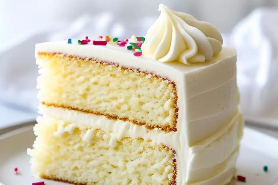 A perfect slice of moist eggless vanilla cake with white frosting and sprinkles on a plate.