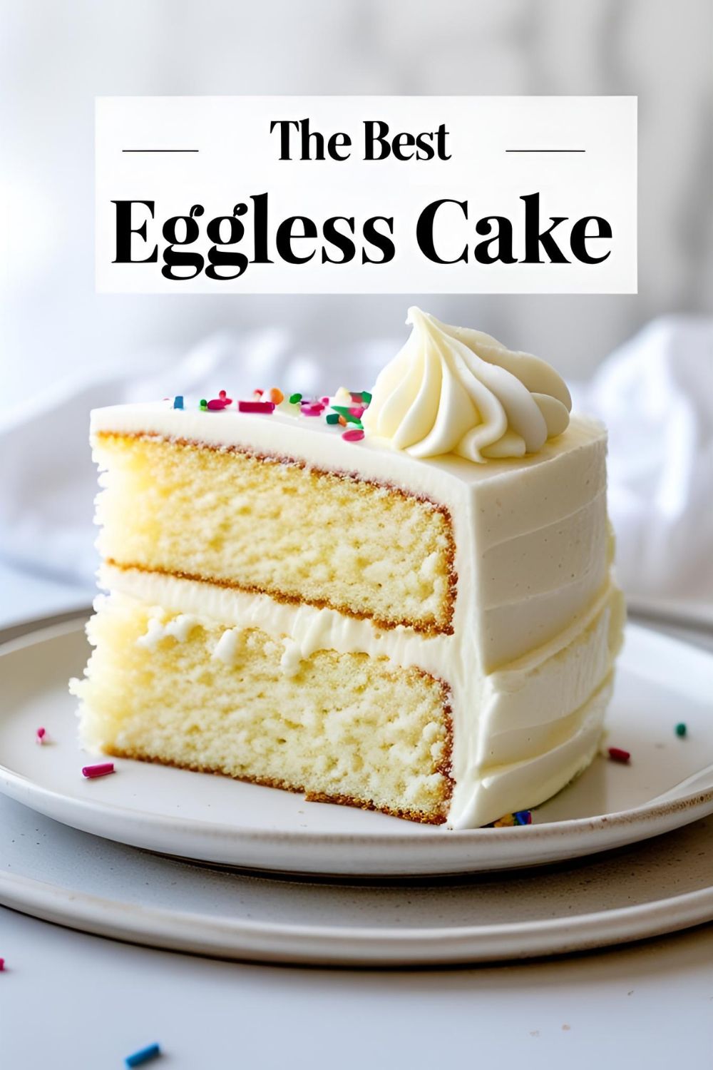 A perfect slice of moist eggless vanilla cake with white frosting and sprinkles on a plate.