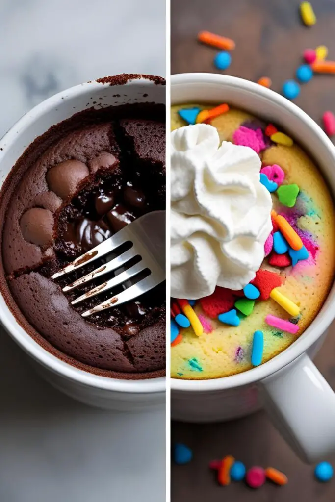  Two variations of a cake in a mug: a chocolate one with a molten center and a funfetti one with whipped cream and sprinkles.