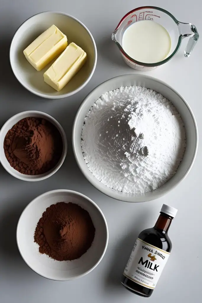 Ingredients to make easy chocolate icing at home