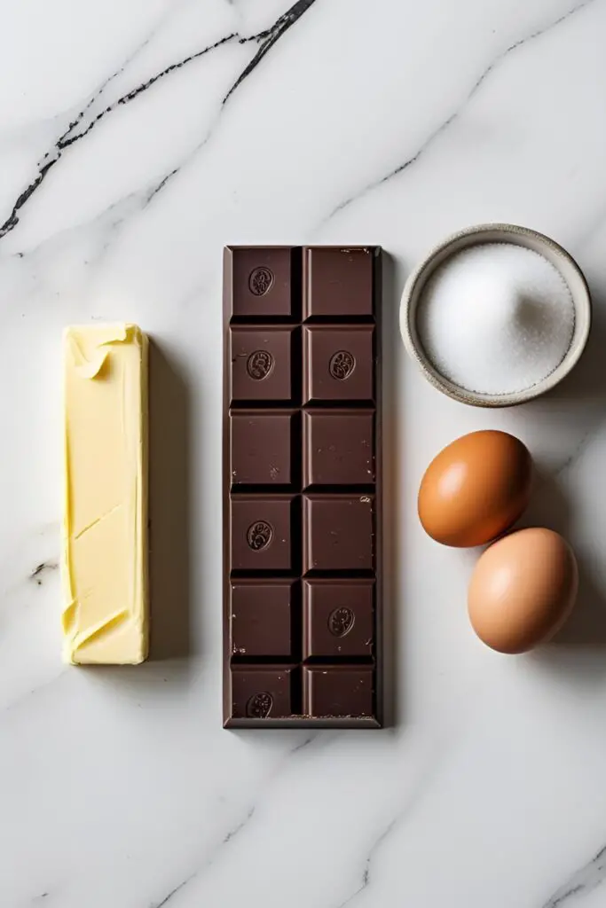 A flat lay of the simple ingredients for chocolate lava cake: a bar of dark chocolate, butter, eggs, and sugar.