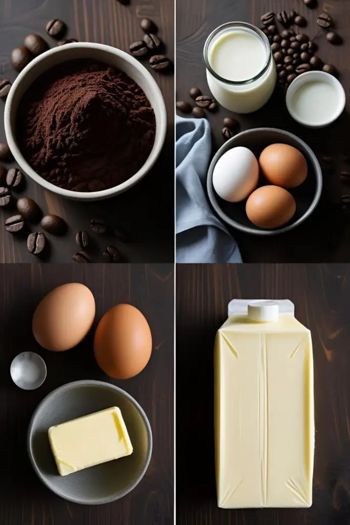 The quality ingredients needed to make a decadent and moist chocolate layer cake: cocoa powder, coffee, buttermilk, and butter.