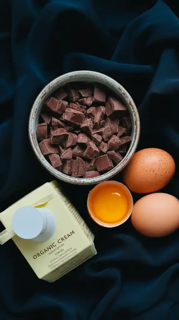A flat lay collage of quality ingredients for a chocolate mousse cake: dark chocolate, heavy cream, eggs, and butter.