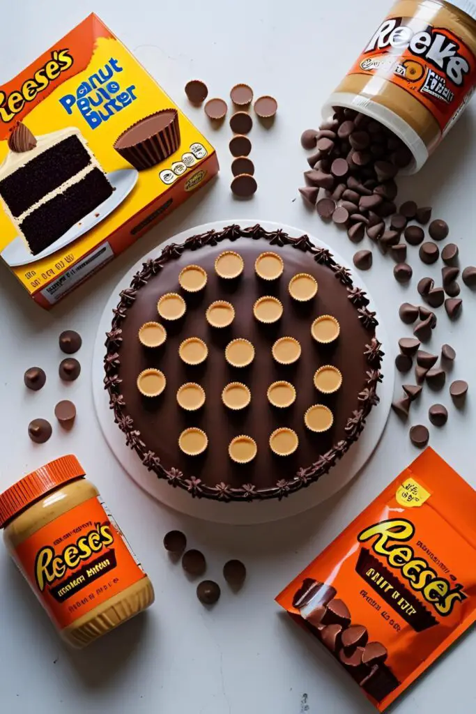A flat-lay photo of ingredients for a chocolate peanut butter drip cake, including a box of cake mix, a jar of Jif peanut butter, and Reese's cups.