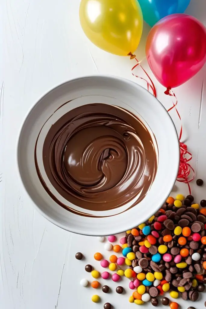 A flat lay of ingredients for making a chocolate pinata, including melting chocolate, balloons, and assorted candies.