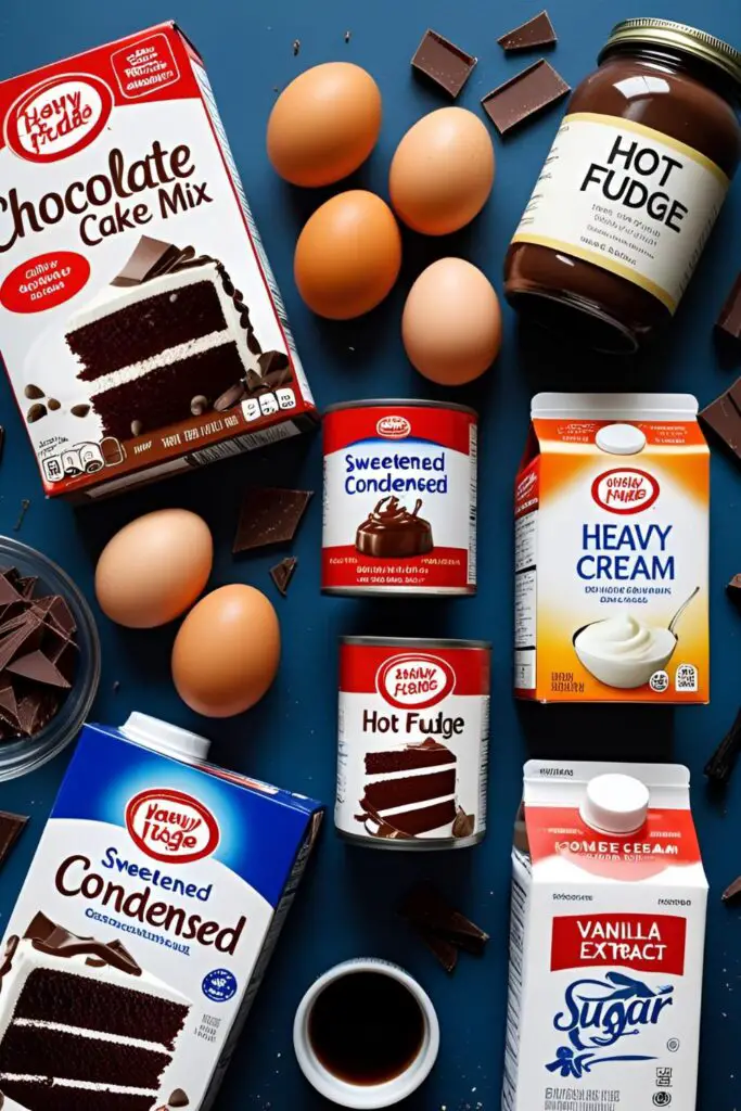 ngredients for making a chocolate poke cake recipe.