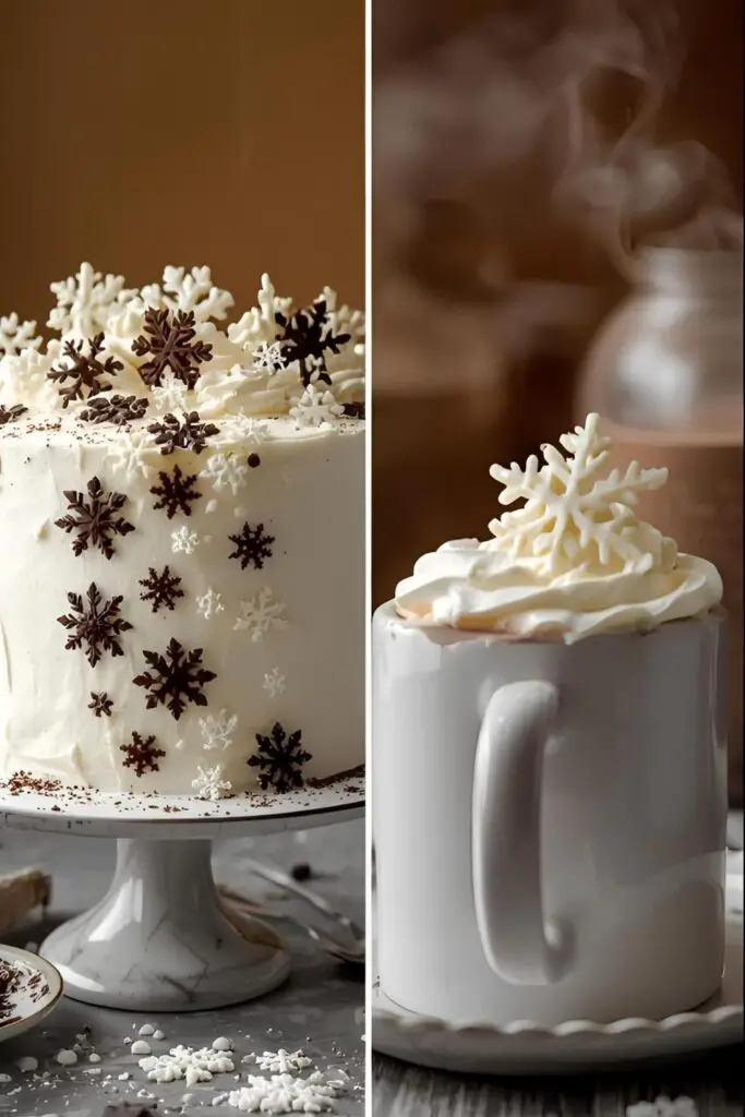 A flat lay of tools for making chocolate snowflakes: a piping bag, melted chocolate, and parchment paper with templates.