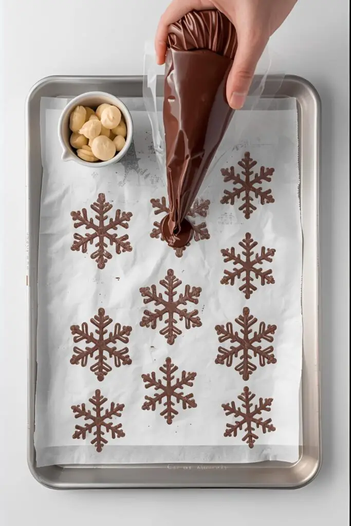 A flat lay of tools for making chocolate snowflakes: a piping bag, melted chocolate, and parchment paper with templates.