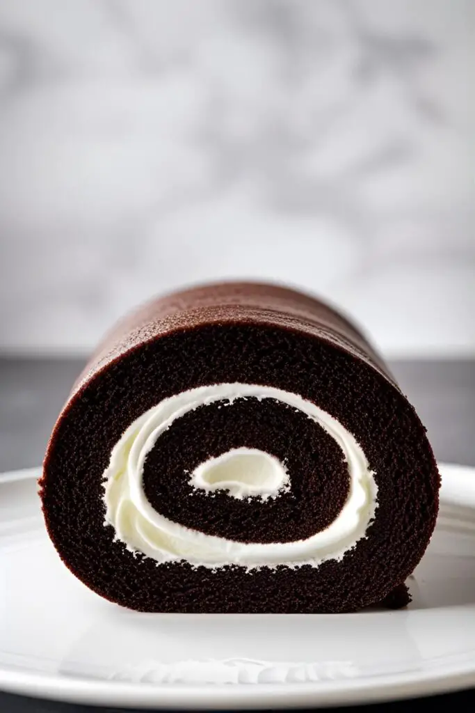 A perfect slice of homemade chocolate Swiss roll cake showing the beautiful spiral of cake and cream filling.
