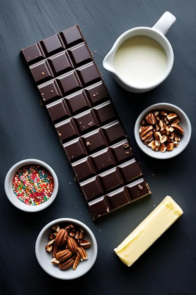 A flat lay of ingredients for making homemade chocolate truffles, including dark chocolate, cream, butter, and various coatings.