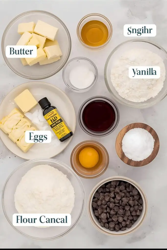 A flat lay collage image showcasing all the ingredients for chocolate chip cookies: butter, sugars, eggs, vanilla, flour, baking soda, salt, and various chocolate chips, artfully arranged on a light background.