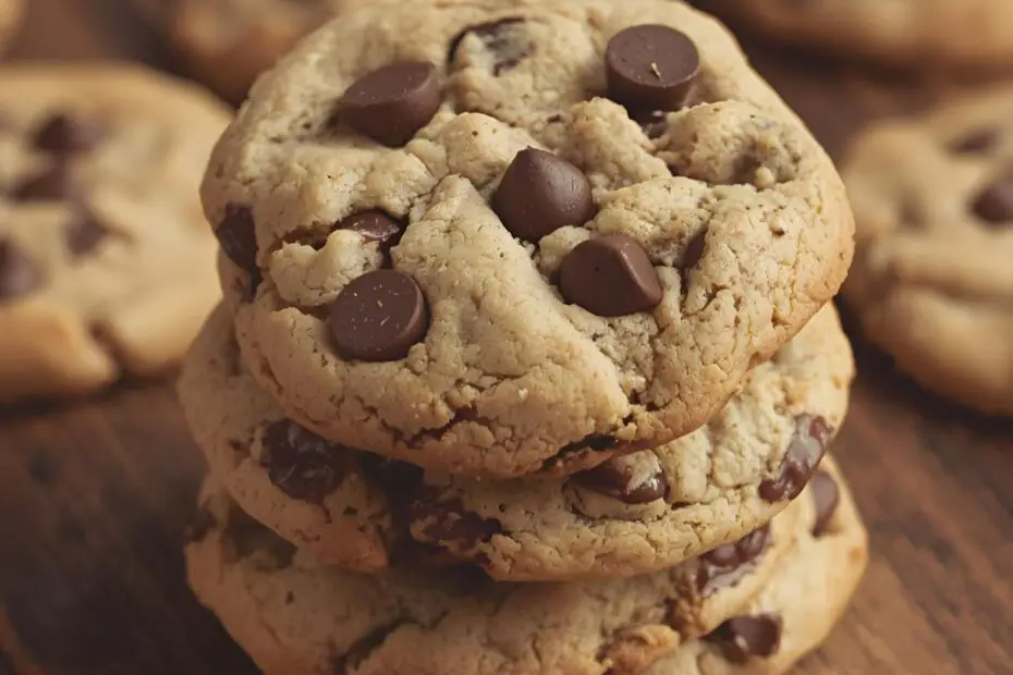 Text overlay "chocolate chip cookies recipe" on a background image of warm, freshly baked chocolate chip cookies on a cooling rack, with steam gently rising.