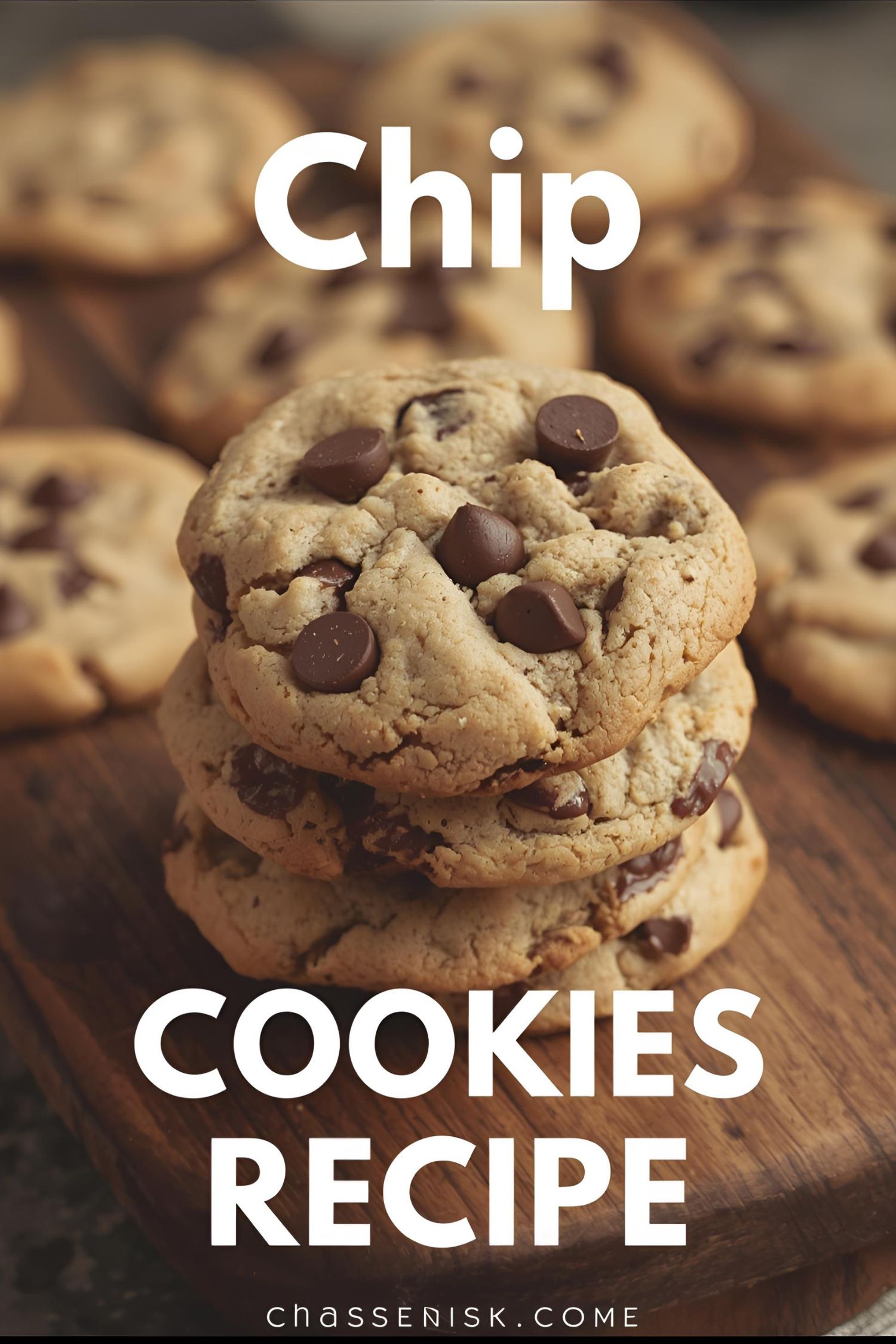Text overlay "chocolate chip cookies recipe" on a background image of warm, freshly baked chocolate chip cookies on a cooling rack, with steam gently rising.